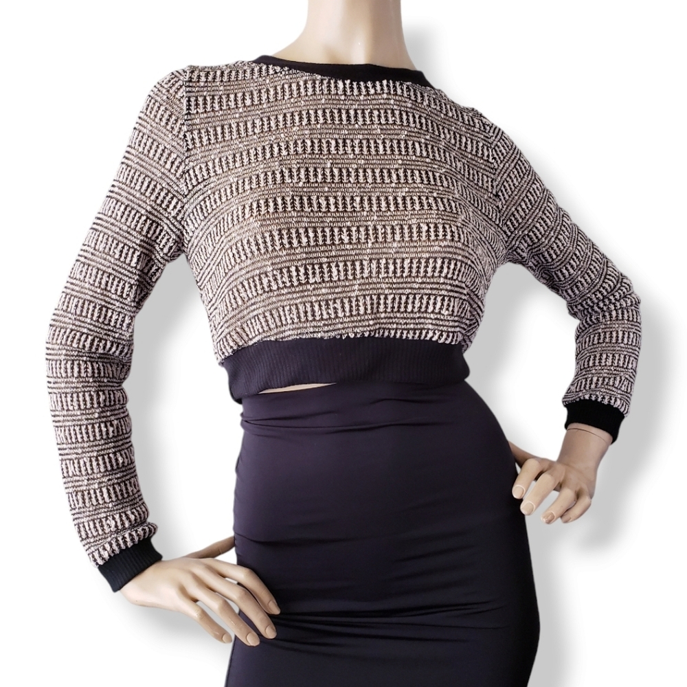 Basil Lola Cream & Black Open Weave Knit Cropped Sweater Blouse